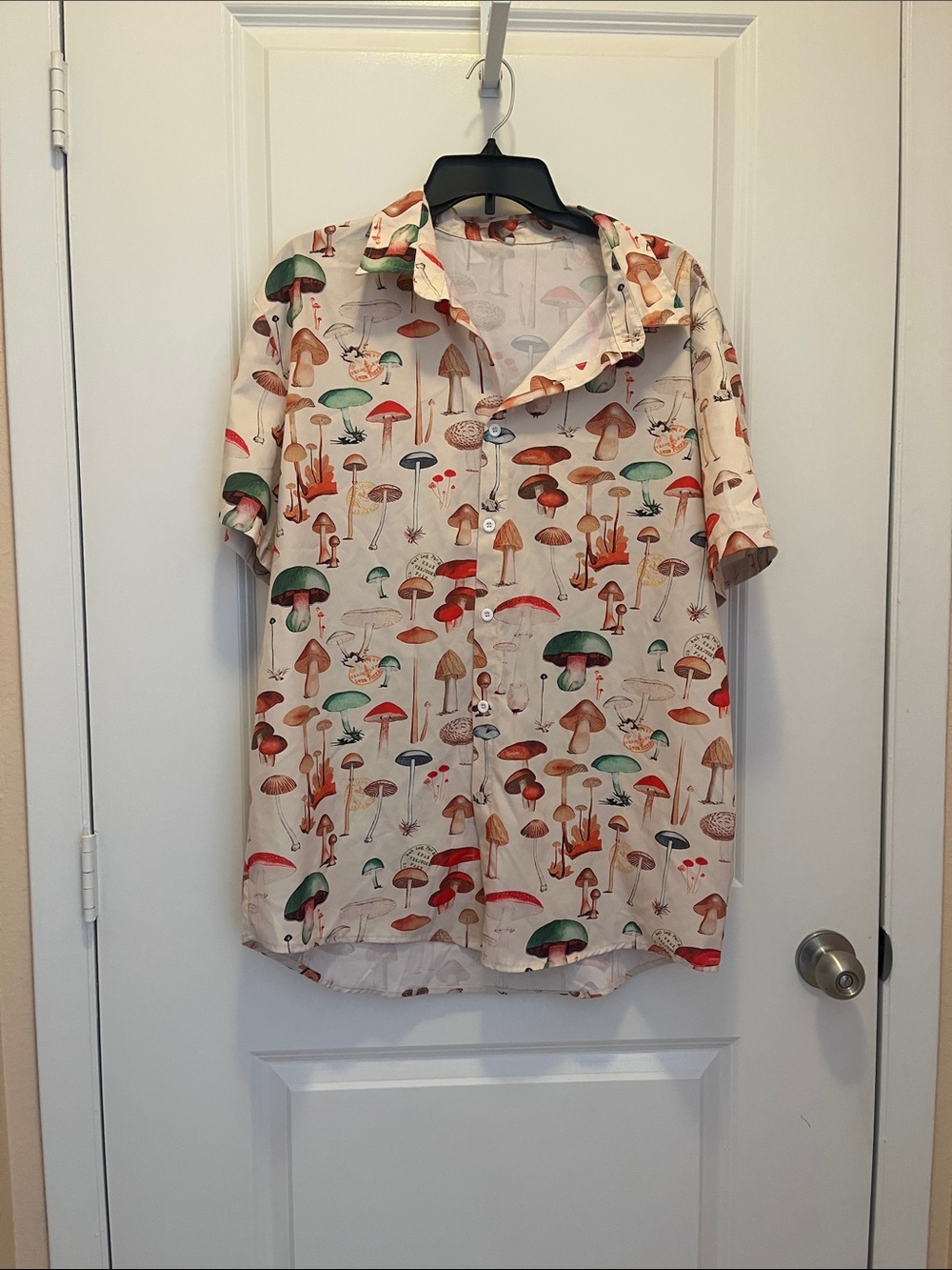 Mushroom Print Short Sleeve Button-Up Shirt - Cream Base